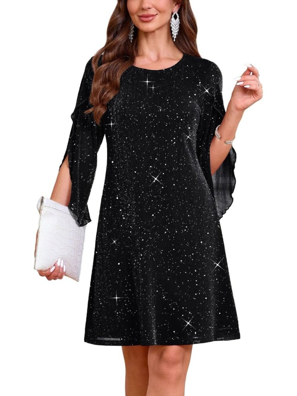 Women's Sparkly Black 2026 Flutter Sleeve Cocktail Wedding Guest Short Dresses